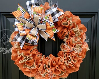 Fall wreath for front door, autumn wreath, buffalo check wreath for fall, pumpkin wreath for fall, burnt orange burlap wreath