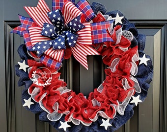 Patriotic American flag wreath, Fourth of July wreath for front door, Patriotic wreath, Americana wreath, American flag wreath, double doors