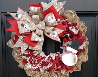 Snowman Christmas wreath for front door, winter Burlap wreath, red Christmas wreath