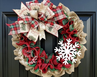 Red Christmas wreath for front door, burlap Christmas wreath, Snowflake wreath, red and green Christmas wreath, Christmas tree wreath