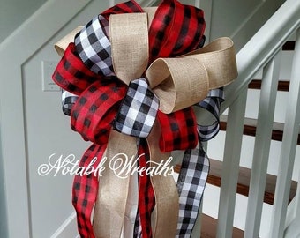 Large Rustic Christmas tree topper bow, plaid tree topper bow, farmhouse decor, red and black buffalo check tree topper, Christmas tree