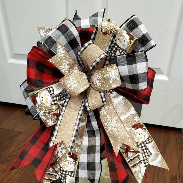 Snowman Lantern Bow: Buffalo Check Rustic Christmas Decor