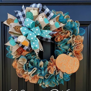 Rustic Fall wreaths for front door, Cheetah print wreath, teal pumpkin wreath, buffalo check wreath, Fall decor, orange and teal