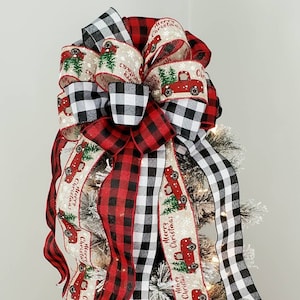 Red Truck Christmas Tree Topper Bow: Buffalo Check Ribbon