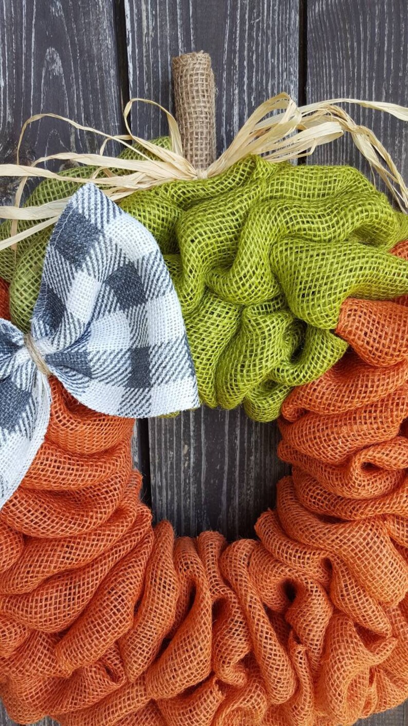 Pumpkin wreath burlap wreath Fall wreath Autumn wreath Fall decor plaid check Fall wreath for front door Halloween wreath