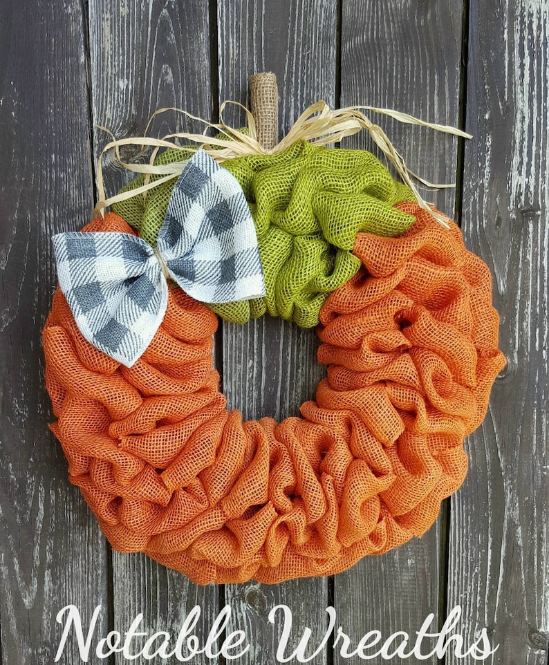 Pumpkin wreath burlap wreath Fall wreath Autumn wreath Fall decor plaid check Fall wreath for front door Halloween wreath