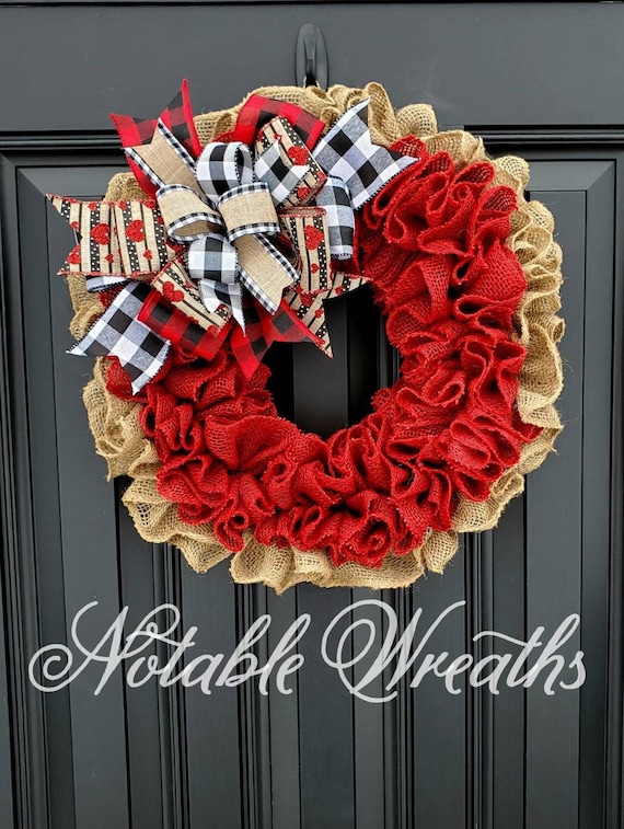 Large Valentine's Day Burlap Heart Wreath for Front Door, Rustic  Valentine's Day Wreath, Buffalo Check Heart Wreath 