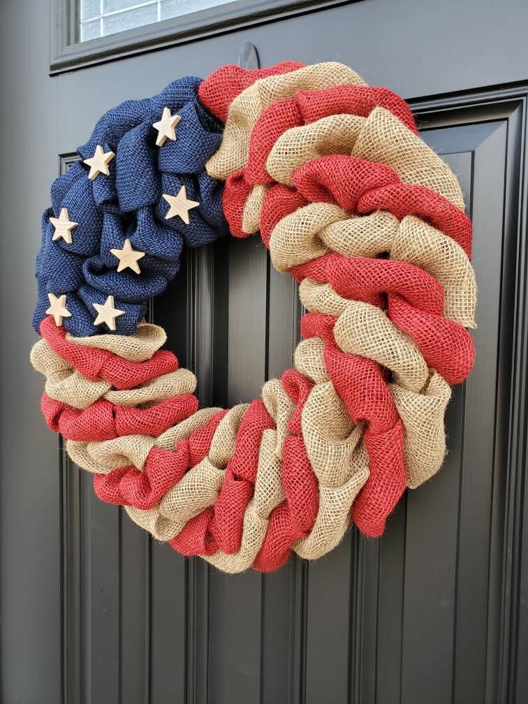 Patriotic Burlap Wreath: Americana Farmhouse Decor With Wood Stars - Etsy