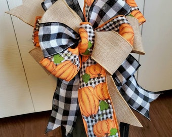 Fall bow, Fall lantern bow, Fall wreath bow, Fall buffalo check bow, pumpkin bow, black and white check bow