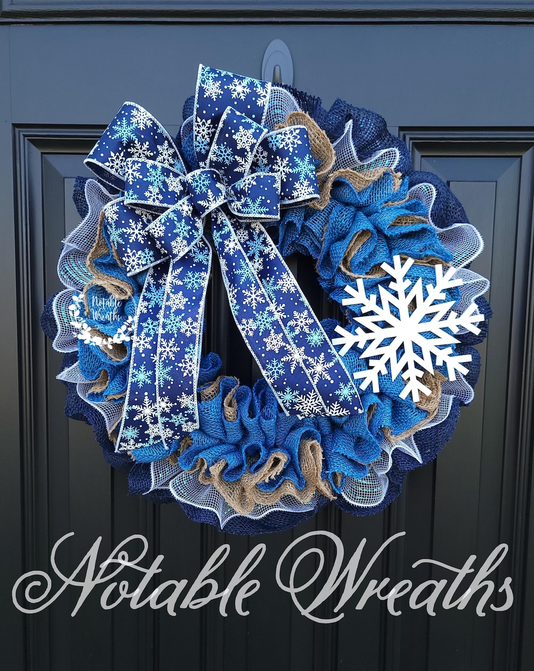 Blue Winter Burlap Wreath for Front Door, Snowflake Wreath, Snowflake ...