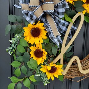 Summer Sunflower wreath for front door, year round wreath, buffalo check wreath, Summer grapevine wreath, Fall grapevine wreath image 6