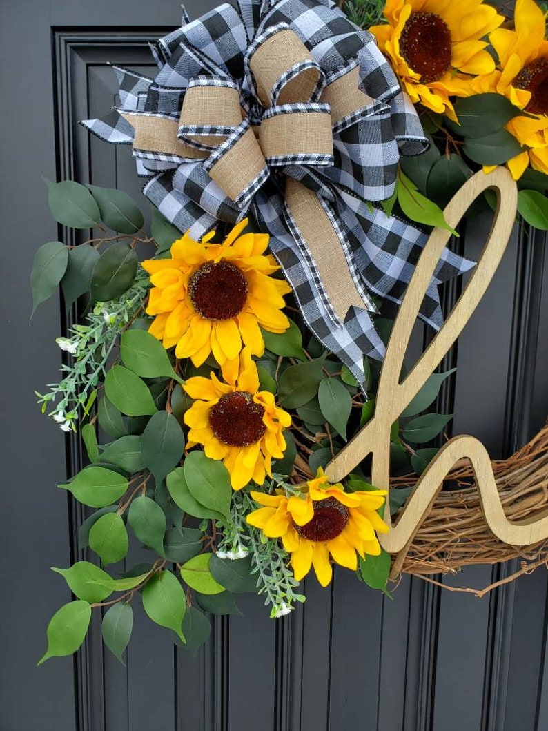 Summer Sunflower wreath for front door, year round wreath, buffalo check wreath, Summer grapevine wreath, Fall grapevine wreath image 6