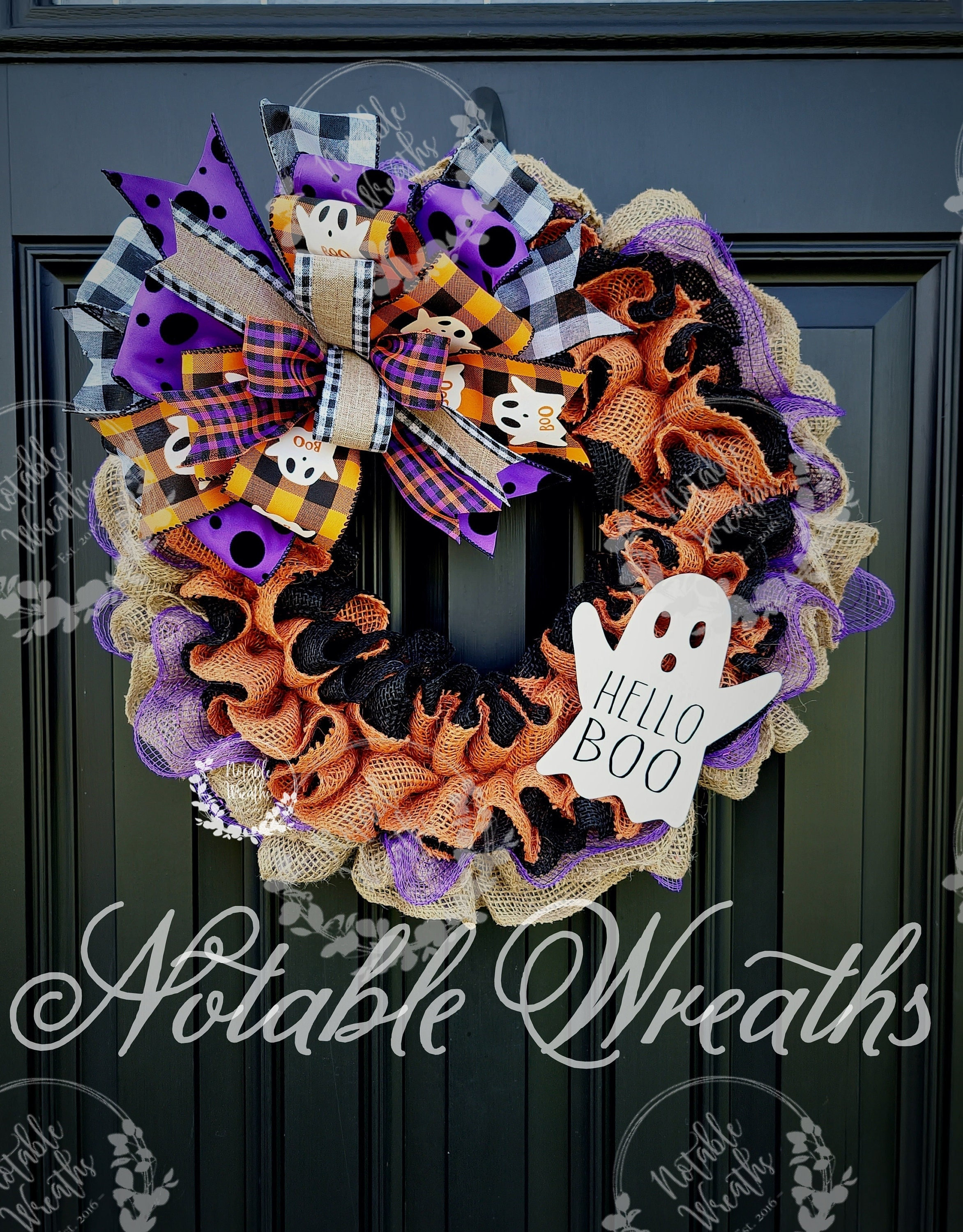 Rustic Halloween ghost wreath for front door, Hello Boo wreath, buffalo check Halloween wreath, ghost wreath