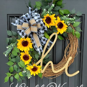 Summer Sunflower wreath for front door, year round wreath, buffalo check wreath, Summer grapevine wreath, Fall grapevine wreath image 1