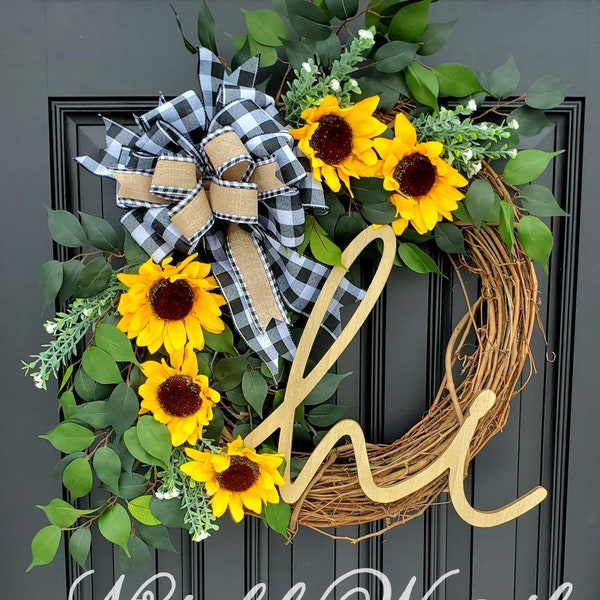 Summer Sunflower wreath for front door,  year round wreath, buffalo check wreath, Summer grapevine wreath, Fall grapevine wreath