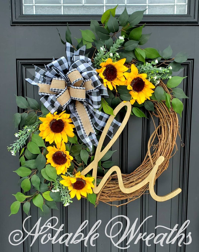Summer Sunflower wreath for front door, year round wreath, buffalo check wreath, Summer grapevine wreath, Fall grapevine wreath image 1