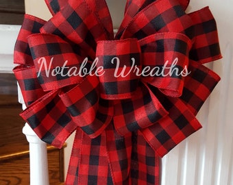 Rustic tree topper bow, plaid tree topper bow, farmhouse decor, red and black buffalo check tree topper, Christmas tree decor, holiday bow