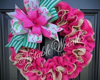 Pink Flamingo summer wreath, front door wreath, burlap wreath, luau wreath, tropical wreath