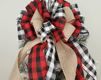 Rustic Plaid Christmas Tree Topper Bow: Buffalo Check Farmhouse Decor