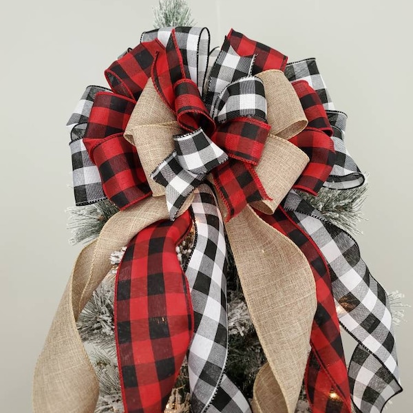 Rustic Plaid Christmas Tree Topper Bow: Buffalo Check Farmhouse Decor