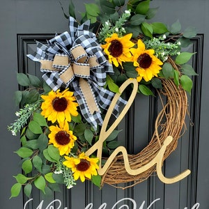 Summer Sunflower wreath for front door, year round wreath, buffalo check wreath, Summer grapevine wreath, Fall grapevine wreath image 7
