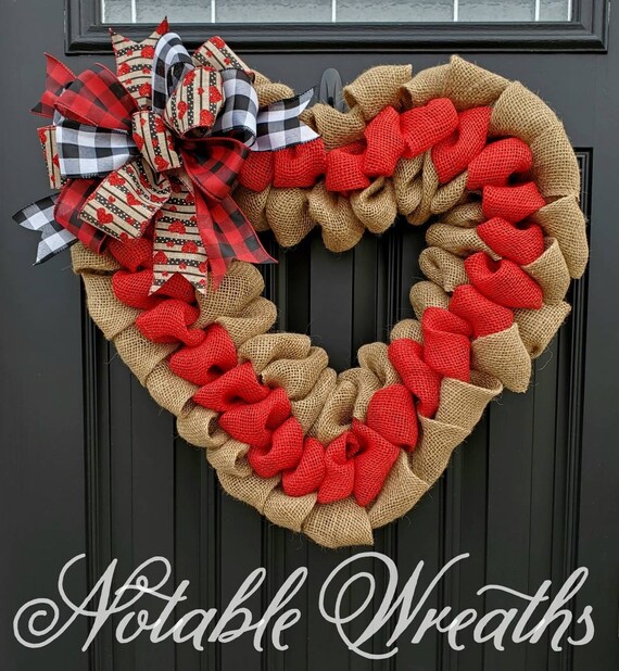 Large Valentine's Day Burlap Heart Wreath for Front Door, Rustic  Valentine's Day Wreath, Buffalo Check Heart Wreath 