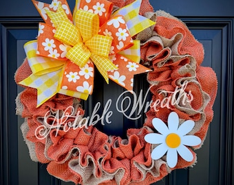 Spring and summer daisy wreath, colorful burlap wreath, front door, housewarming gifts, orange wreath, double doors