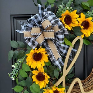 Summer Sunflower wreath for front door, year round wreath, buffalo check wreath, Summer grapevine wreath, Fall grapevine wreath image 3