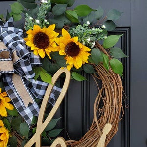 Summer Sunflower wreath for front door, year round wreath, buffalo check wreath, Summer grapevine wreath, Fall grapevine wreath image 10