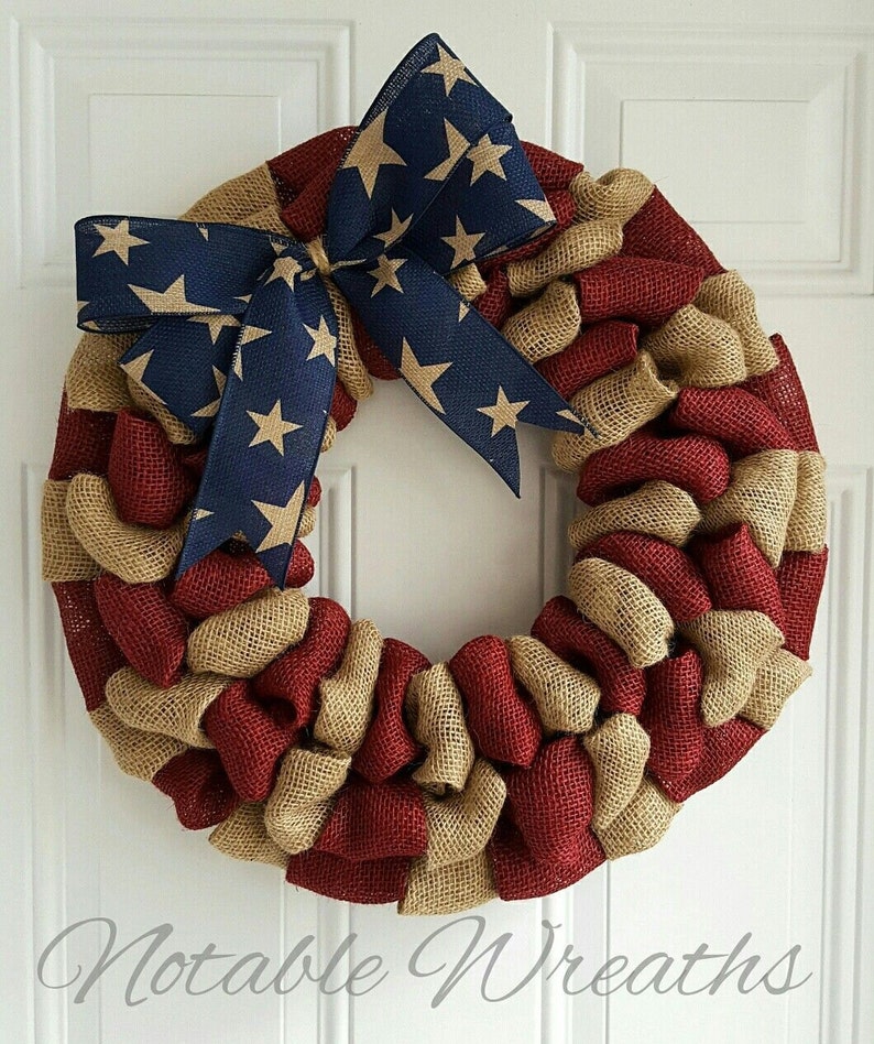 Patriotic burlap wreath for front door, fourth of july wreath, Americana wreath, housewarming gifts immagine 1