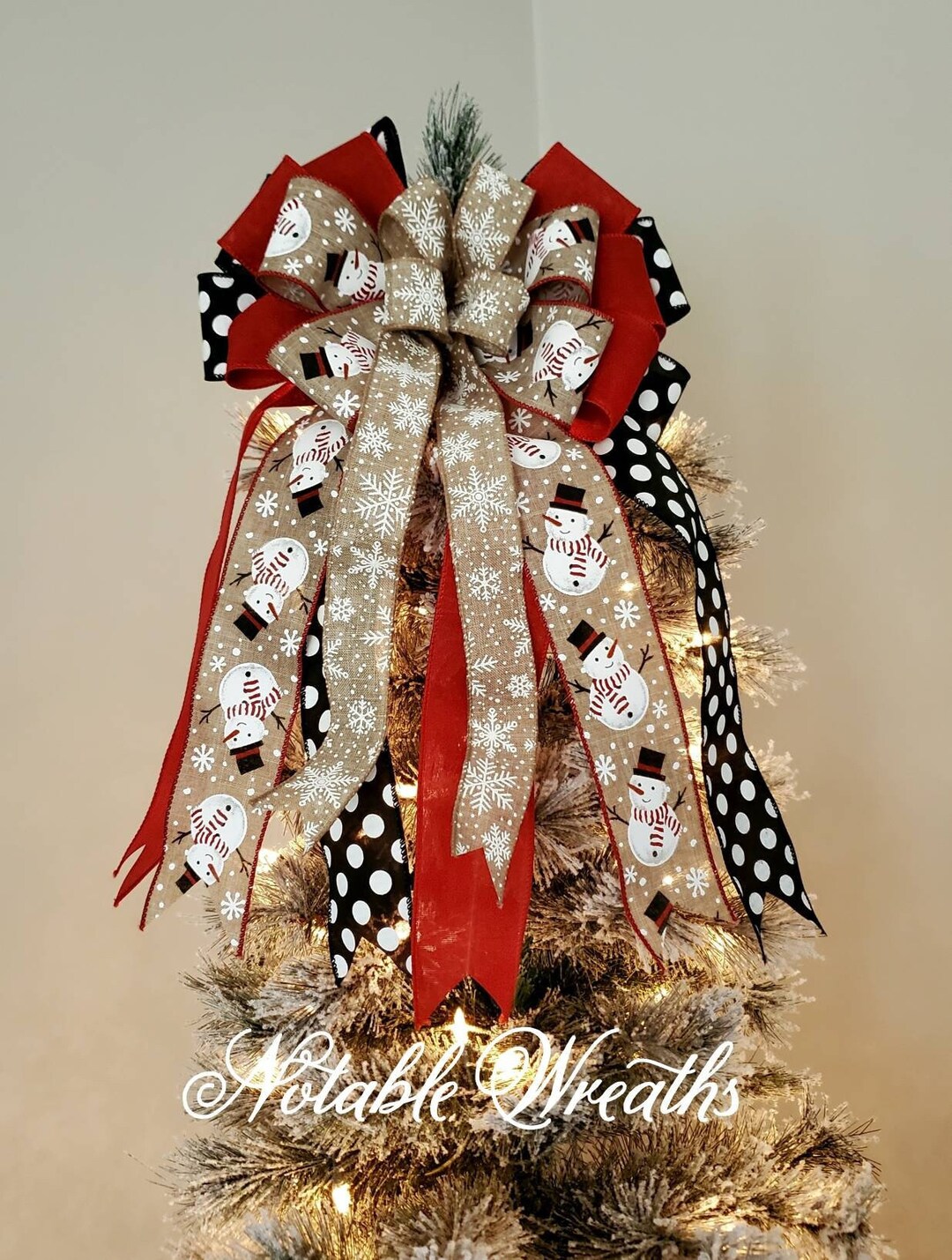 Snowman Tree Topper Bow, Red Tree Topper Bow, Black and White Tree