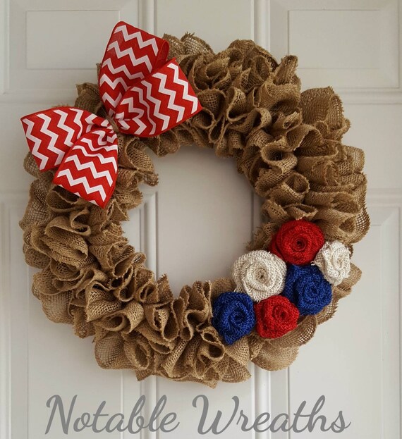 Patriotic Burlap Wreath Patriotic Decor Burlap Rosettes Etsy