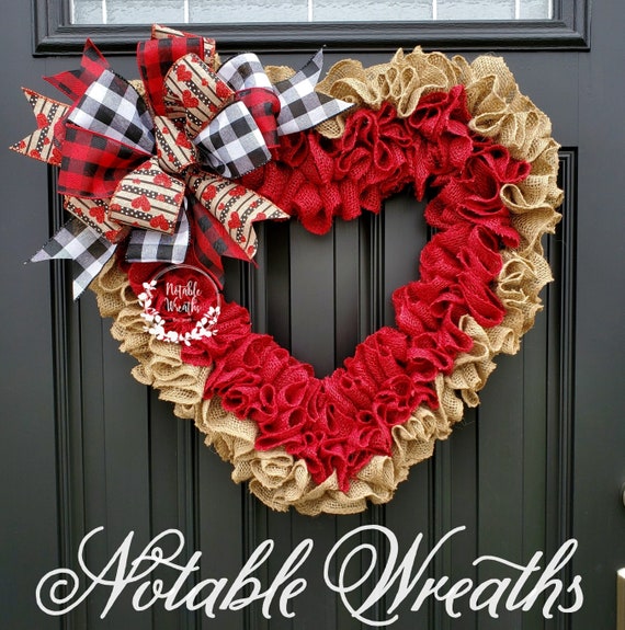 Large Valentine's Day Burlap Heart Wreath for Front Door, Rustic Valentine's  Day Wreath, Buffalo Check Heart Wreath 