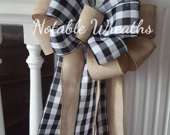 Rustic Plaid Christmas Tree Topper Bow: Black and White Buffalo Check