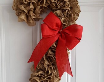 Christmas wreath, Candy cane wreath, burlap, Christmas, winter, Holiday, porch decor, front door, red, natural burlap, ruffle