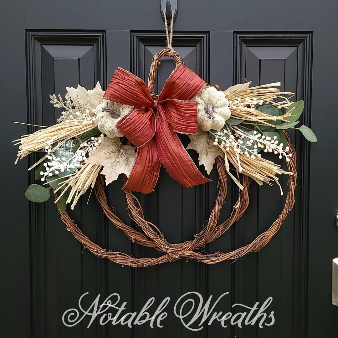 Fall Grapevine Pumpkin Wreath With Eucalyptus and White Pumpkins, Corn ...