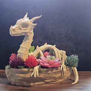 May include: A beige dragon skeleton planter with colorful faux succulents. The dragon's head and spine are visible, with the body forming the planter's base. The succulents are red, pink, and green, adding vibrant color to the decorative piece.