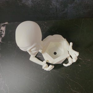 Puede incluir: Una maceta blanca con forma de alien&iacute;gena impresa en 3D. La maceta presenta una cabeza grande, ojos peque&ntilde;os y brazos y manos extendidos. El cuerpo de la maceta tiene una forma geom&eacute;trica con un agujero central para plantar. El dise&ntilde;o es caprichoso y &uacute;nico.
