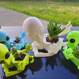 May include: A collection of alien-shaped planters in various colors, including blue, green, and white. Each planter holds a small succulent or aloe vera plant. The planters are arranged on a dark surface, with a grassy background.