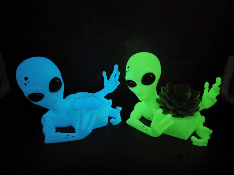 Puede incluir: Dos macetas brillantes con forma de alien&iacute;gena. Una es azul y est&aacute; vac&iacute;a, la otra es verde y contiene una suculenta verde oscuro. Ambas tienen grandes ojos negros y brazos extendidos, para una decoraci&oacute;n &uacute;nica.