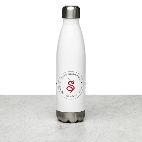 Stainless Steel Water Bottle, Cross Stitch Sanctuary Logo, Tug of