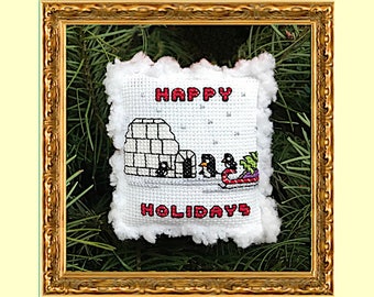 Penguin Happy Holidays Cross-Stitch Pattern, Christmas Ornament, Small Project, Snow, Winter, Igloo, Holiday Traditions, PDF Download