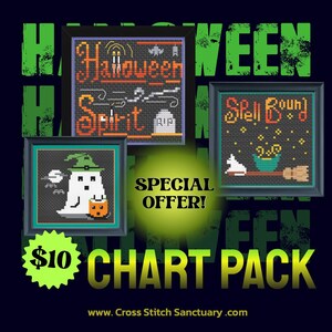 Puede incluir: Imagen promocional de paquetes de patrones de punto de cruz con temática de Halloween. La imagen presenta tres diseños de punto de cruz enmarcados con motivos de Halloween, incluyendo un fantasma, una lápida y las palabras "Halloween Spirit" y "Spell Bound". También se muestra el texto "$10 Chart Pack".