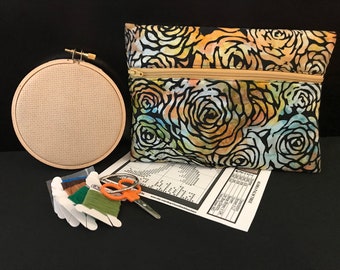 Beautiful Clutch & Cross-Stitch Kit, Free Shipping, Flower Fabric Design, Digital Download Included, Zippered Organizer w/Hand Strap, Purse