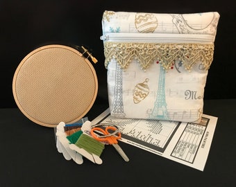 Cross-Stitch Kit with Zippered Pouch, Free Shipping, Christmas in Paris Fabric Design, Bead & Lace Detail, Digital Download Included
