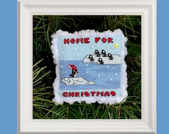 Home For Christmas Penguin Cross-Stitch Pattern, Holiday Ornament, Small Project, Arctic, Winter, Family, Perfect DIY Gift, PDF Download