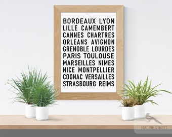 French Cities Poster / Places in France / Printable Wall Home Office Decor / Black and White Modern Art / Jpeg PDF Instant Download