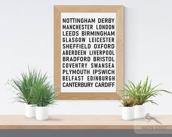 British Cities Poster / Library Decor / Cities in UK Great Britain / Minimalist Printable Wall Home Office Decor / Black White Modern Art