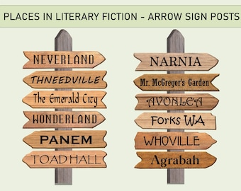 Printable Wooden Arrow Signs / Classroom Library Home Office Decor / Literary Fiction Book Places / PDF Digital Instant Download / Set A