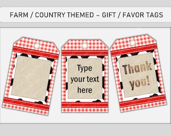 Farm Rustic Country Party Favor Tags / Western Cowboy Printable Gift Tags / Red Gingham Burlap DIY Decors / PDF Digital Instant Download